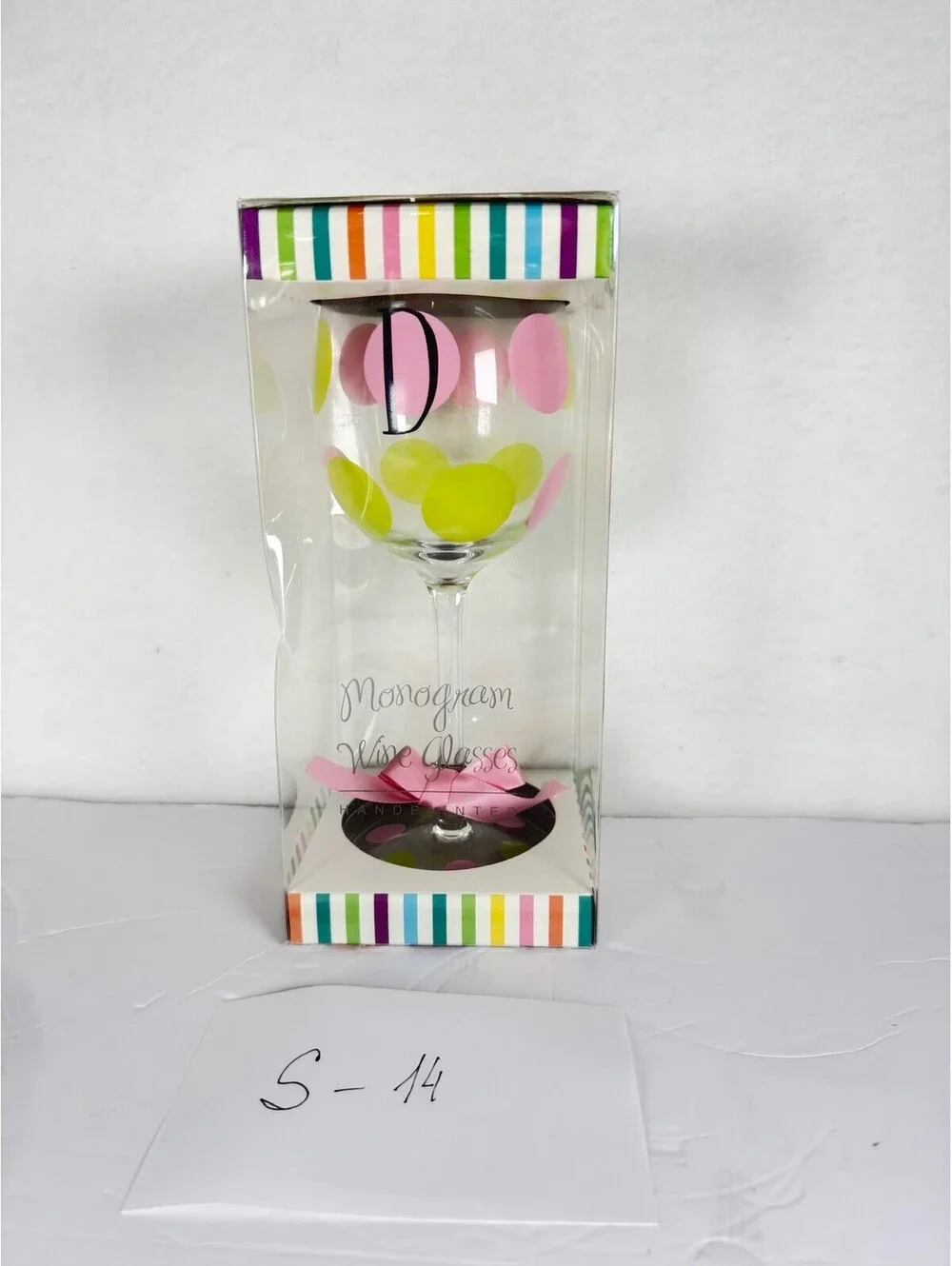 Hand Painted Monogram Wine Glass Letter D Polka Dot Gift Box S-14